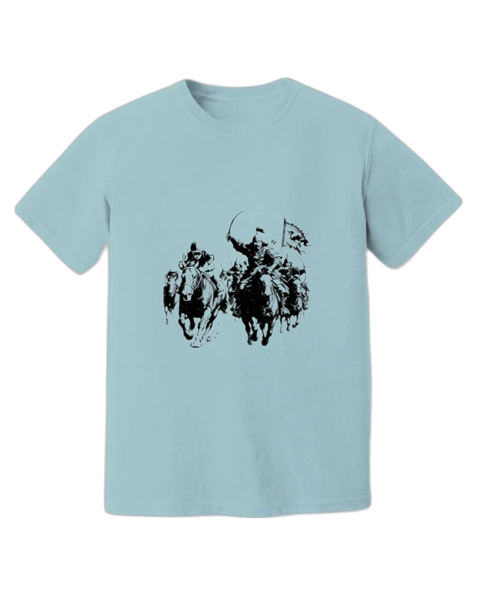 The Charge on the light blue tee