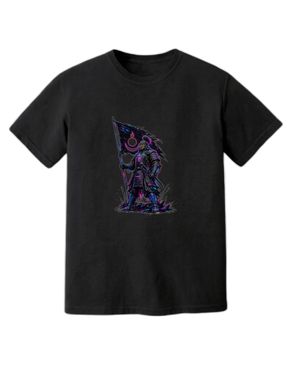 Warrior — neon Mongol warrior holding the tug banner, on a black tee